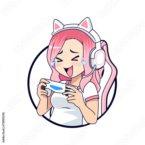 Anime gamer girl laughing out loud face emotion vector illustration photo