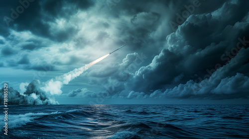 Warship or Submarine Launching Missile at Sea at Dusk. A naval warship or submarine firing a missile over the ocean under a dramatic evening sky, capturing a moment of military action. photo