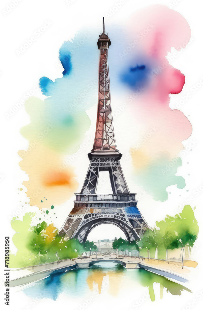 watercolor vertical postcard with Eiffel Tower on white backrop, famous Paris sight. France capital.
