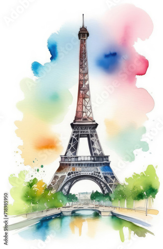 watercolor vertical postcard with Eiffel Tower on white backrop  famous Paris sight. France capital.