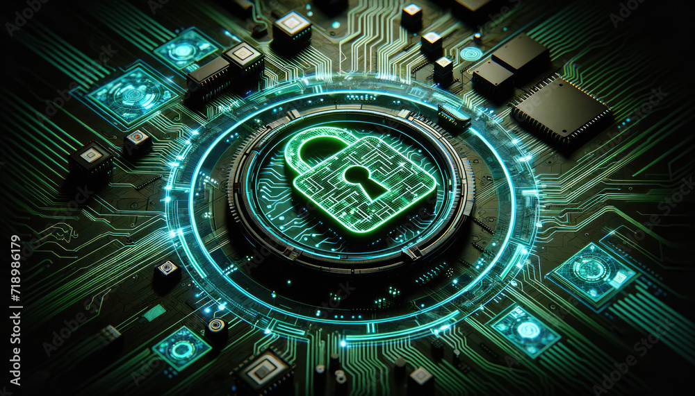 Futuristic digital padlock representing cybersecurity on an illuminated circuit board, symbolizing data protection and encryption.