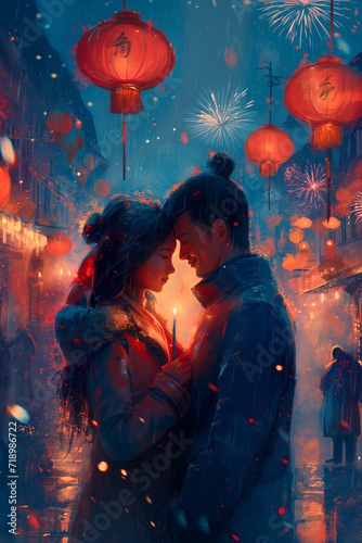 Lovely asian couple kissing on the street with red lanterns. Chinese new year, greeting card. © missty