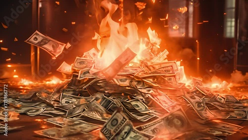 Pile of Money on Fire, inflation bankrupt concept photo