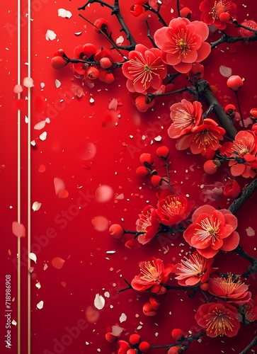 Chinese white plum flower branches blossom on red background for Chinese new year greeting card