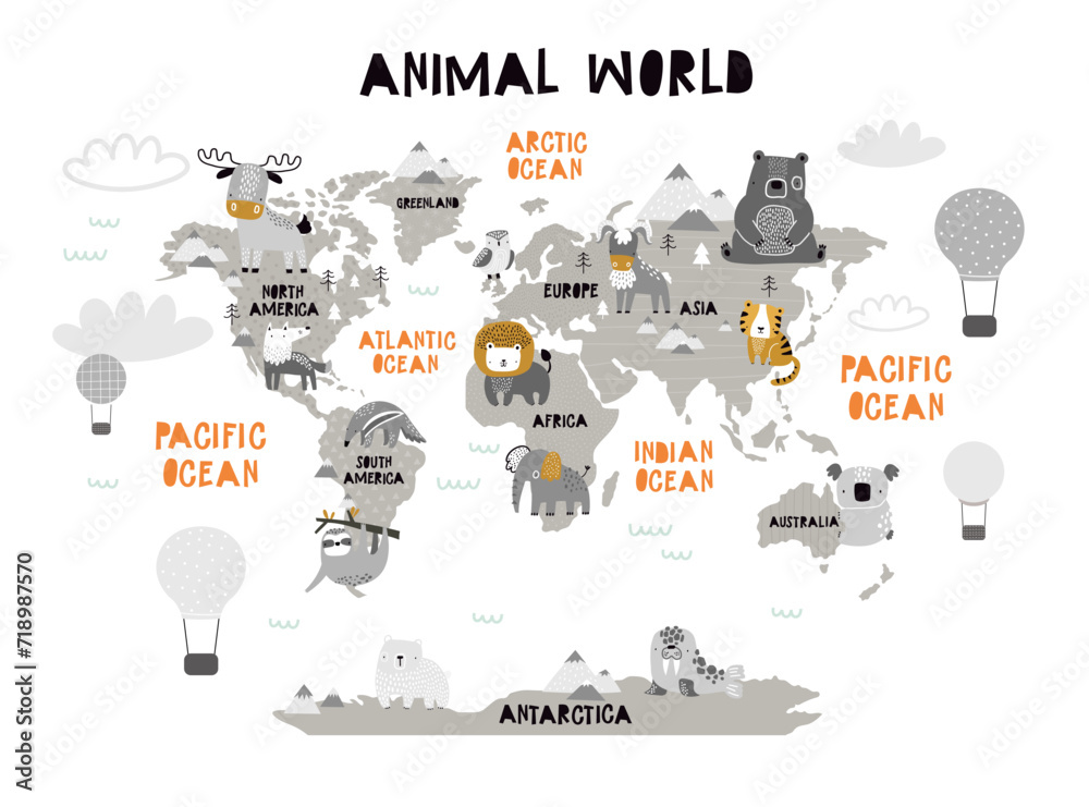 custom made wallpaper toronto digitalVector world map for kids with cute animals. Children's map design for wallpaper, kid's room, wall art. America, Europa, Asia, Africa, Australia, Arctica. illustration. Animal world. Continents. 