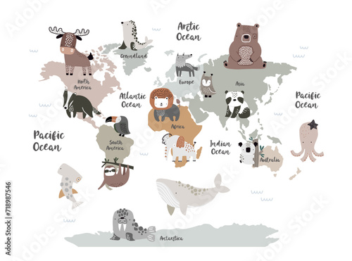 Vector world map for kids with cute animals. Children's map design for wallpaper, kid's room, wall art. America, Europa, Asia, Africa, Australia, Arctica. illustration. Animal world. Continents. 