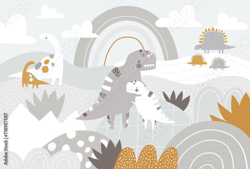 Vector children hand drawn cute dinosaurs and rainbow illustration in scandinavian style. Mountain landscape, clouds. Children's tropical wallpaper. Mountainscape, children's room design, wall decor. photo
