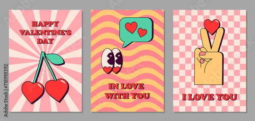 Set of Valentine's Day cards in retro groovy style. Cherries in shape of heart, eyes and speech bubble with hearts, hand with heart. Rectangular templates, posters, wall art on checkered and striped 