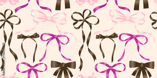 Seamless pattern with various cartoon satin bow knots, gift ribbons. Trendy hair braiding accessory. Hand drawn vector illustration. Valentine's day background.
