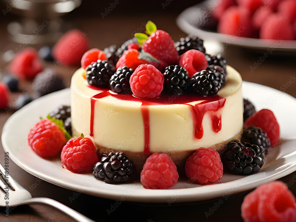 Cheesecake with raspberries and blackberries on a plate. Cheesecake with raspberries and blackberries on a plate.