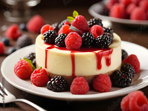Cheesecake with raspberries and blackberries on a plate.