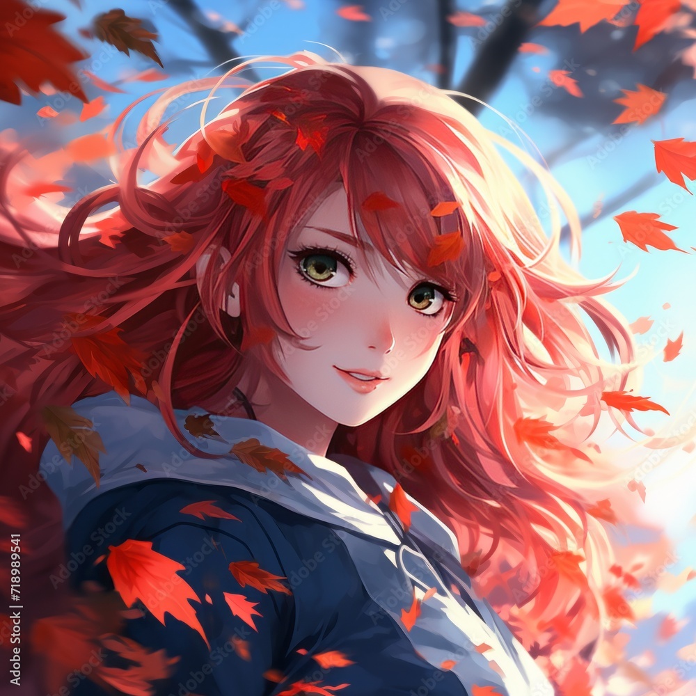 A girl with red shining eyes, a white-red hairstyle. Maple leaves are falling behind