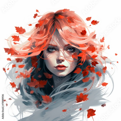 A girl with red shining eyes, a white-red hairstyle. Maple leaves are falling behind