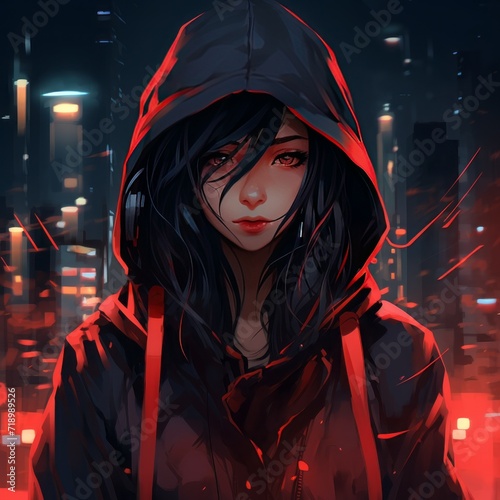 A girl with red neon glowing eyes, in a hood with headphones, purple hair against the background of a night city