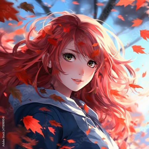 A girl with red shining eyes, a white-red hairstyle. Maple leaves are falling behind