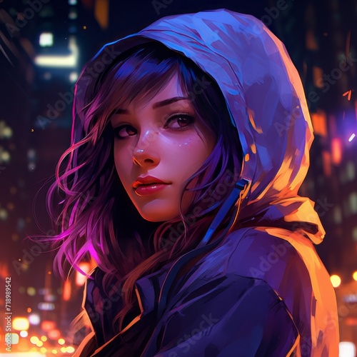 A girl with orange neon glowing eyes, in a hood with headphones, purple hair against the background of a night city