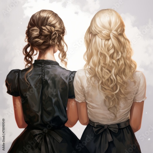 Two twin sisters, blonde and brunette, completely opposite to each other