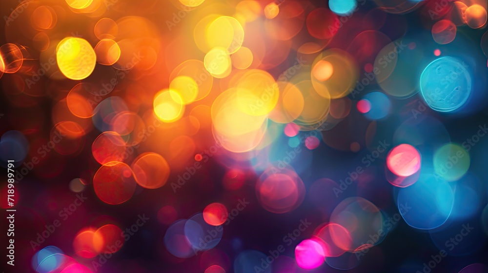 Obraz premium Image of glowing multicolor light on a dark background. Multicolor defocused lights, blurry glowing sparks.