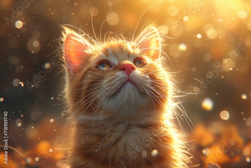 Domestic cat looking up at sunset. Close-up portrait of Cat on blurred background. Indoor cat on light background. Copy space.
