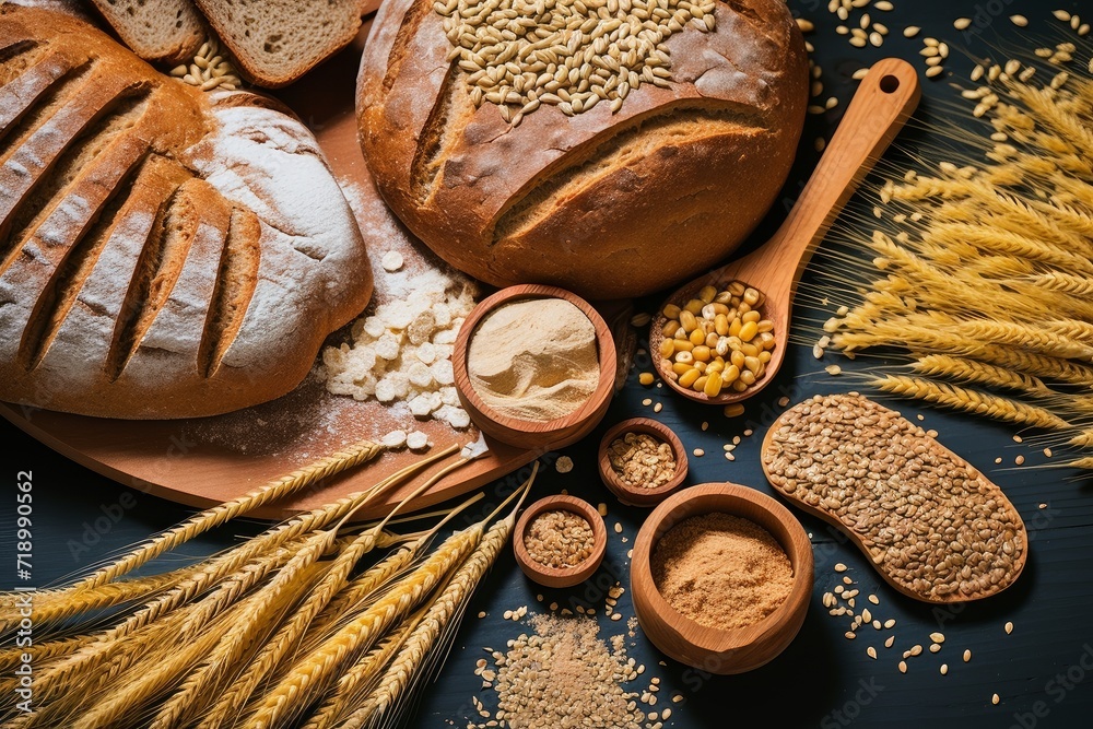 Top view of wholegrain and cereal composition shot on rustic wooden table. Top view of wholegrain and cereal composition shot on rustic wooden table.