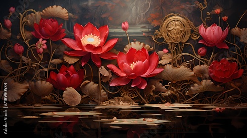 Chinese tradition painting features red lotus flowers and lotus leaves for Chinese new year greeting card