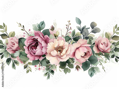 set di fiori rosa tipo peonie  e foglie verdi, bordo o ghirlanda, clip art per matrimonio su sfondo bianco scontornabile, colori tenui photo