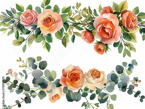 set di fiori di prato arcobaleno e bouquet di verde, bordo o ghirlanda, clip art per matrimonio su sfondo bianco scontornabile, colori tenui