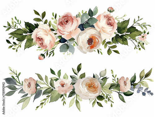 set di fiori rosa tipo peonie  e foglie verdi, bordo o ghirlanda, clip art per matrimonio su sfondo bianco scontornabile, colori tenui photo