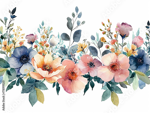 set di fiori di prato arcobaleno e bouquet di verde, bordo o ghirlanda, clip art per matrimonio su sfondo bianco scontornabile, colori tenui photo