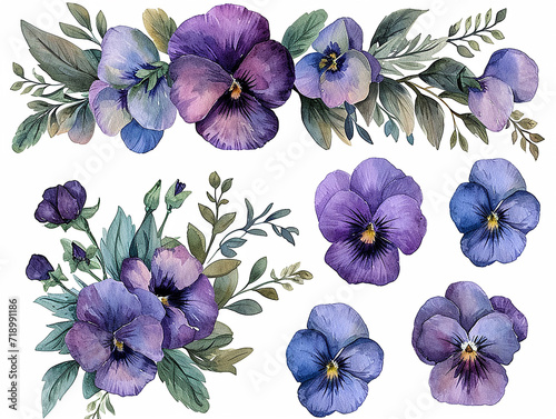set di fiori violette  arcobaleno in stile acquerello, bordo o ghirlanda, clip art per matrimonio su sfondo bianco scontornabile, colori tenui photo