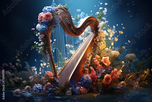 A beautifully adorned harp sits amidst a vibrant burst of colorful flowers, creating a magical and artistic visual display. photo