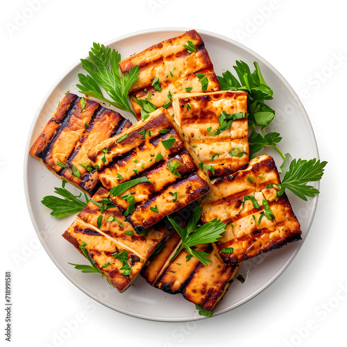 Plate of Grilled Tofu isolated on white