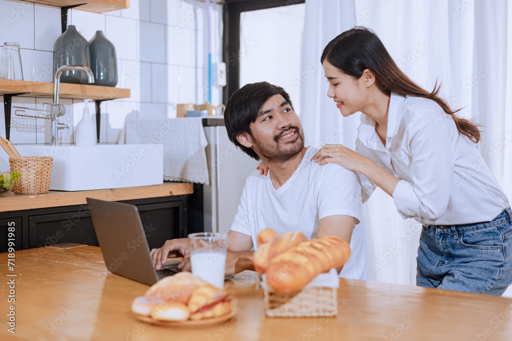 Happy two asian businesswoman working with laptop at home, Happy two asian businesswoman working with laptop at home,