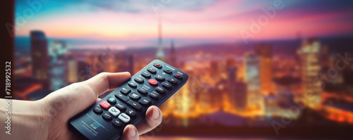 Man hand switches the TV channels with TV controler, smart TV background