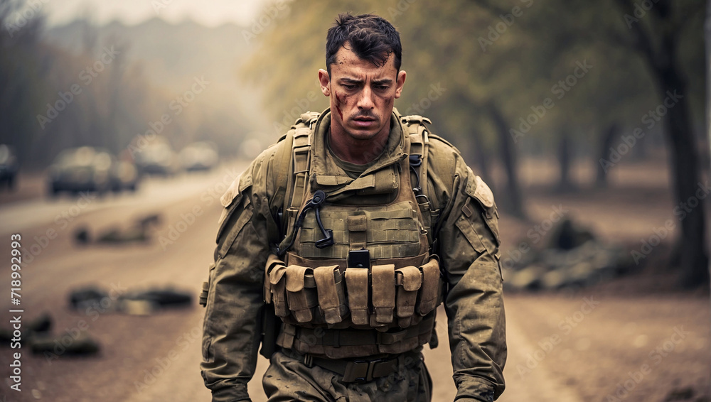 Fototapeta premium Soldier exhausted and injured 