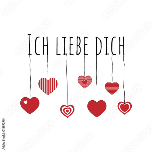 Ich liebe dich - Schriftzug in deutscher Sprache. Liebesbotschaft mit rot-weißen Herzen.
