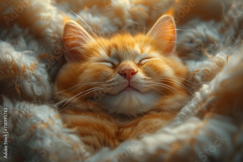 portrait of a cat sleeping in a bed with warm blanket. Animals at home, space for text. High quality photo © Irina Mikhailichenko