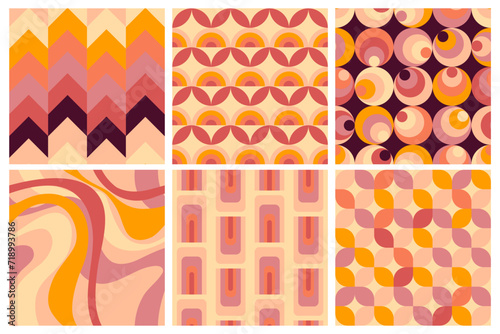 Set of vector geometric seamless patterns, groovy vibes of 70s, psychedelic Pattern designs, Disco Inspired, Iconic Aesthetics
