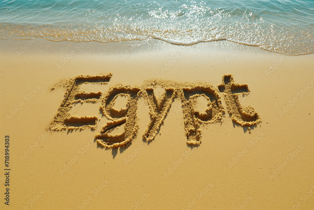 Fototapeta premium Photo of Egypt name made out of sand on the beach