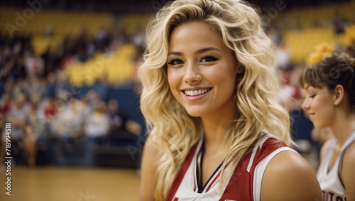 Bellissima cheerleader sorride prima di una partita di basket in un palazzetto americano photo