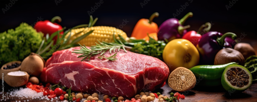 Amazing raw beef steak on wooden board with vegetables, spices and cooking ingredients.