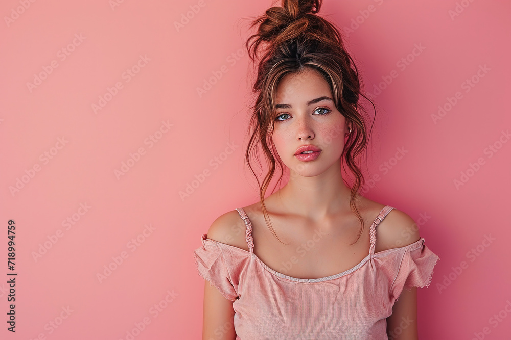a italian woman standing in casual chic summer clothes, isolated on a pink plain background, studio lighting, with empty copy space