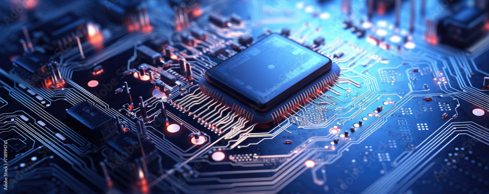 Digital Microprocessor. Computer Controller Circuit Board closeup Main Central Processing Unit Electronic Chips with Data Signal Lane Digital Microprocessor. Computer Controller Circuit Board closeup Main Central Processing Unit Electronic Chips with Data Signal Lane