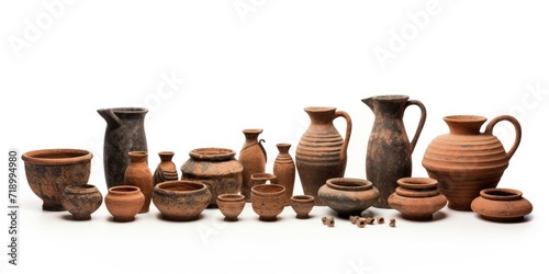 Assortment of ancient Greek and Roman clay pottery objects, including vases and dishes, isolated on white background.