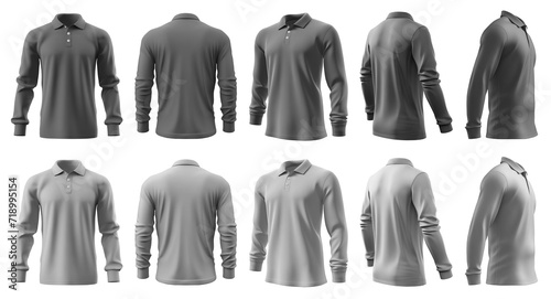 2 Set of dark light grey gray, front back and side view collar polo tee shirt on transparent background cutout, PNG file. Mockup template for artwork graphic design