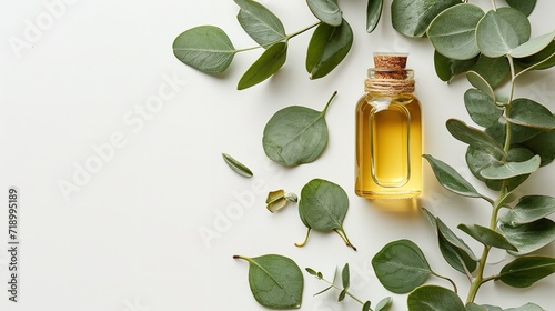 On a white backdrop featuring eucalyptus oil and leaves with overhead view, space, Generative AI. photo