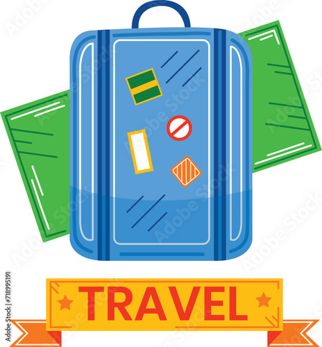 Blue suitcase adorned with colorful travel stickers, ready for an adventure. Bright green luggage tag attached, indicating a journey abroad.