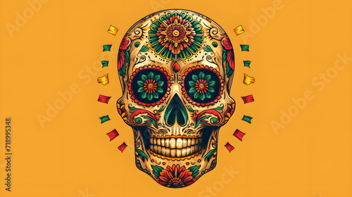 Traditional Mexican sugar skull mask. Ornate decorative human skeleton head. Latin American Day of the Dead celebration symbol, Isolated dia de los muertos skull, Generative Ai photo