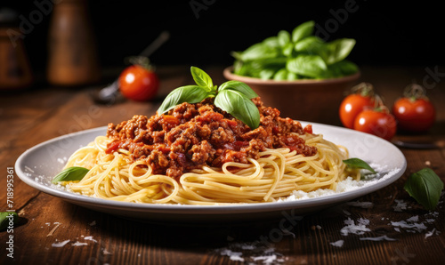 Traditional pasta spaghetti bolognese in  plate on wooden table dark background