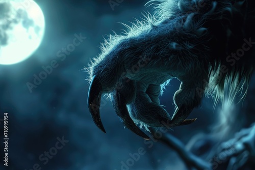 A close-up of a werewolfs paw with sharp claws in the moonlight illustration of a scary monster or animal claw or clawed hand photo